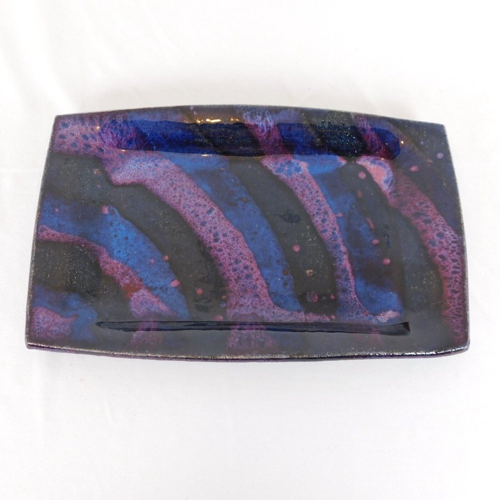 Multicolor Purple Blue Rectangular Glossy Serving Dish Plate Appetizer Signed